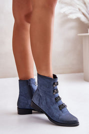 Velindra Everyday Zip-Up Boots in blue eco leather with decorative front elastics and flat heel, ideal for elegant daily wear.