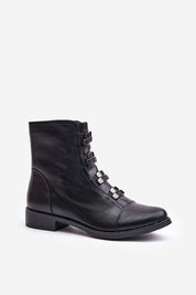 Black eco-leather ankle boots with front elastic detail and side zipper, featuring a flat 3 cm heel for elegant and practical everyday wear.