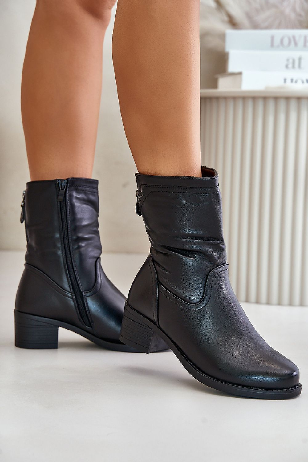 Tirevia Crinkled Eco Leather Winter Boots with side zipper, 5 cm heel, and fur lining for warmth, perfect for autumn and winter style.