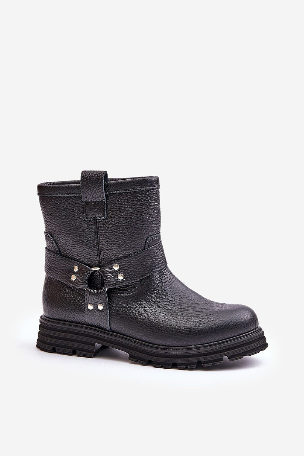 Black leather ankle boot with side buckle and textured design, featuring a rugged sole and pull tab, perfect for versatile styling.