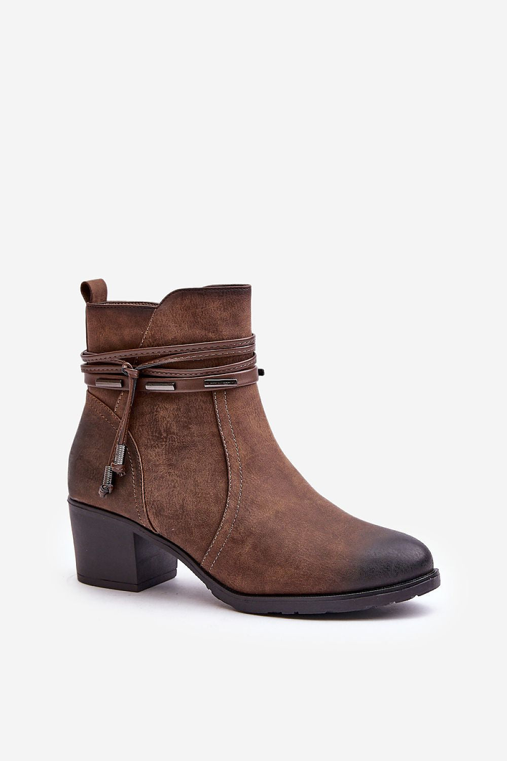 Brown eco-leather ankle boots with mid heel and side zipper, featuring decorative stripe and rounded toe, perfect for cool seasons.