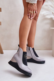 Arlirette Leather Platform Buskin Boots with round toe, anchor-style heel, elastic insert, and side zipper for winter style.