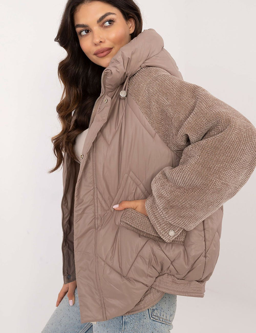 Velmora Quilted Hooded Jacket with corduroy sleeves, featuring a smooth quilted body and hood, styled for autumn and winter wear.