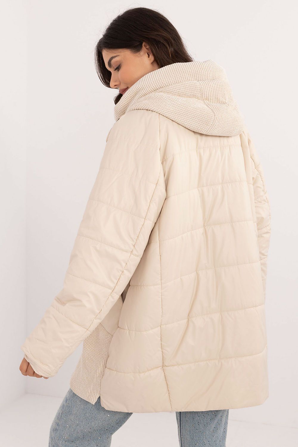 Back view of Cordivelle Quilted Hooded Jacket showcasing its beige quilted design and corduroy hood, ideal for autumn and winter warmth.