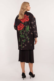 Florénne Rhinestone Rose Coat with red rose print and rhinestone accents, a stylish open-front transitional layer for autumn and spring.