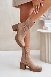 Eco suede platform heel boots with zipper for bold winter style, featuring cushioned insole and 7.5 cm heel, ideal for skirts or dresses.