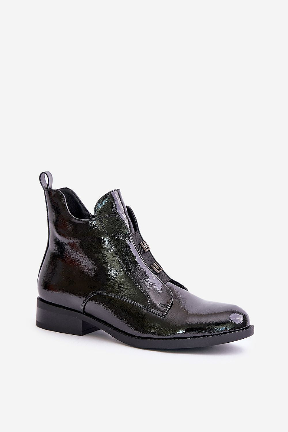 Glossy black leather ankle boot with side zip and low heel, featuring a sleek design and decorative stitching details on a white background.