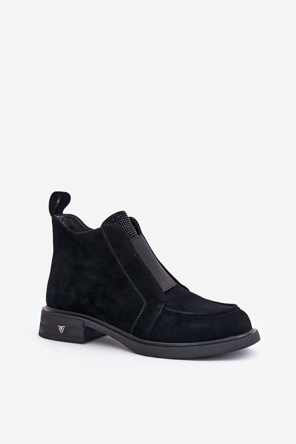 Lunavea black suede ankle boots with side zip, flat heel, and rounded toe for everyday wear, featuring decorative tongue and elastic insert.