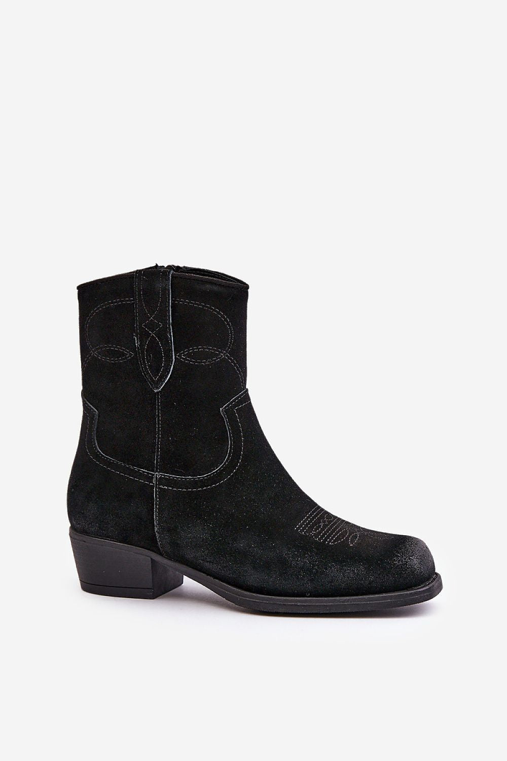 Cavirette Suede Western Heel Boots in black, featuring a 4.5 cm heel, square toe, and side zipper for easy access and stylish comfort.