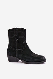 Cavirette Suede Western Heel Boots in black, featuring a 4.5 cm heel, square toe, and side zipper for easy access and stylish comfort.