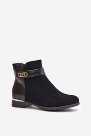 Mirellin Goldstrap warm flat boots with eco leather, gold decorative strap, and padded interior for comfort and style.
