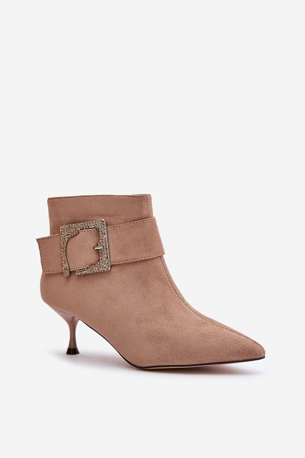 Velouryne Bucklash Suede Heel Boots with stiletto heel, pointed toe, and bold side buckle in soft eco suede. Perfect for elegant evenings.