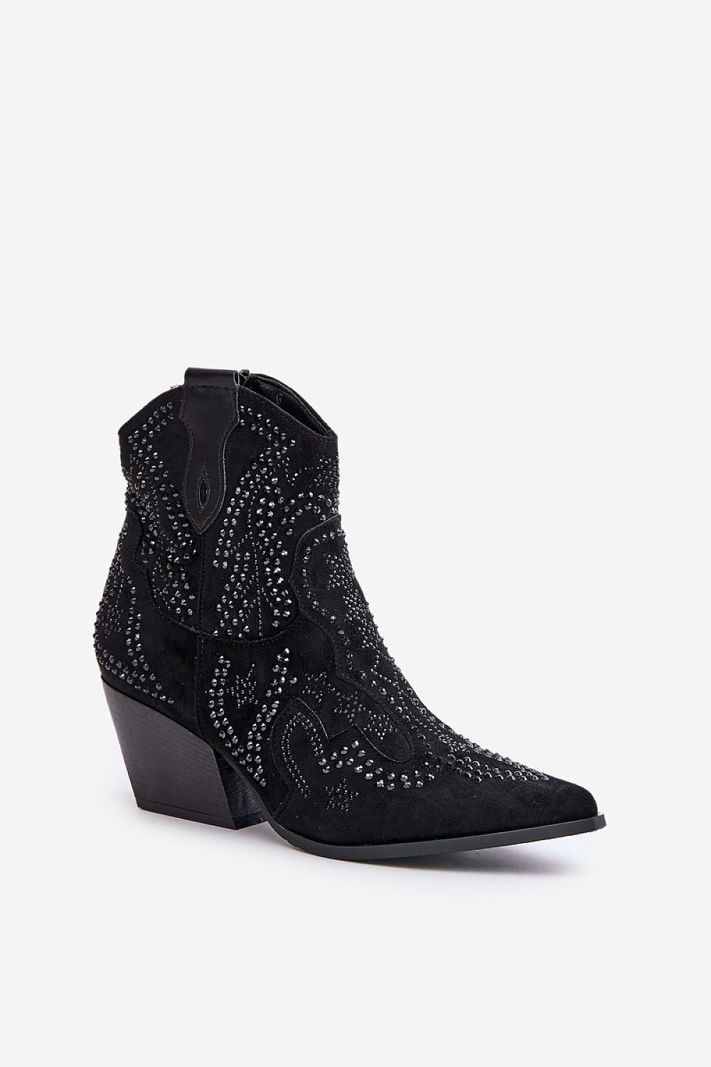 Solbrana Wildcrest eco-suede cowboy boots with block heel and decorative flair, perfect for versatile and elegant styling.