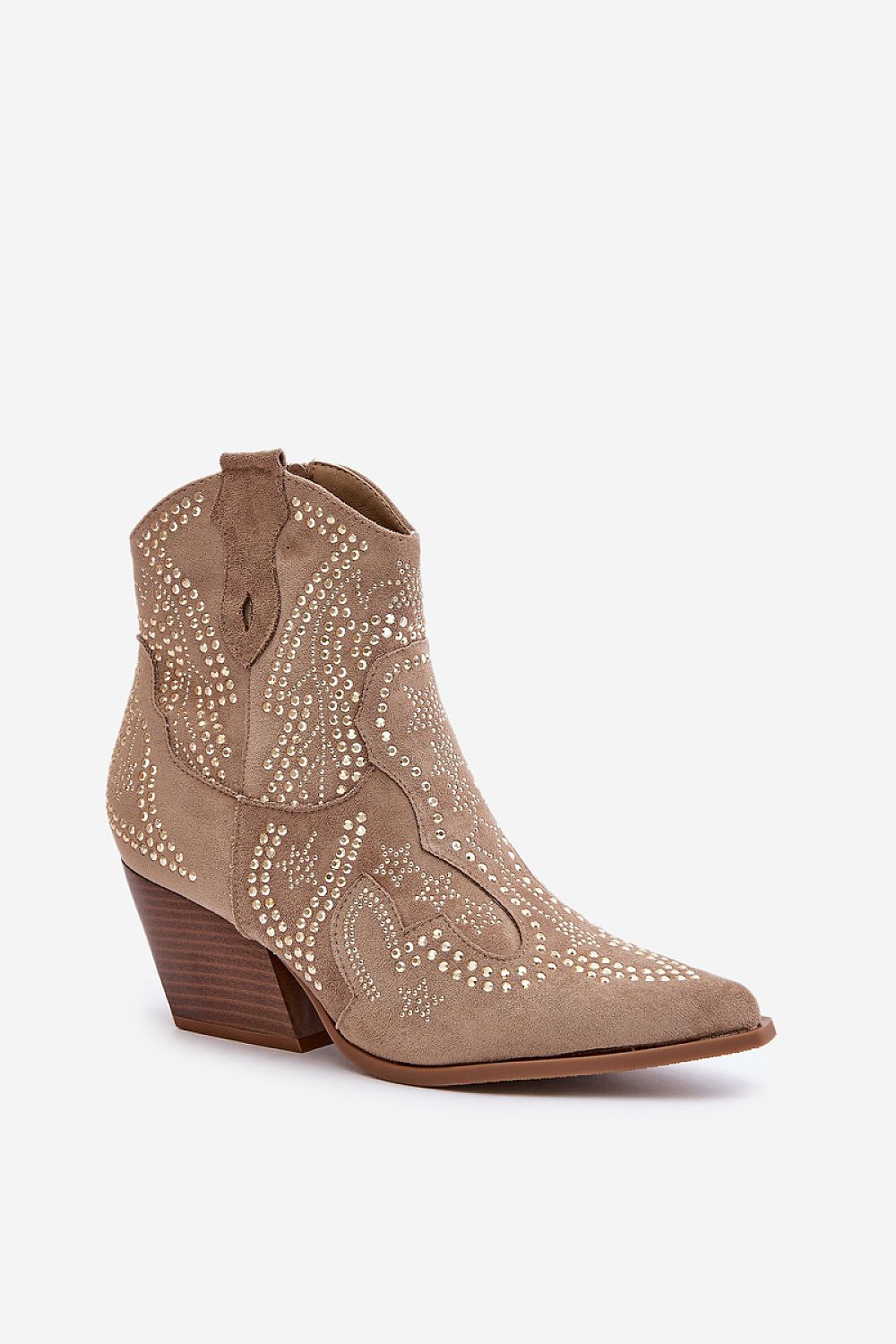 Solbrana Wildcrest eco-suede cowboy boots with block heel and artistic ornamentation, ideal for versatile and stylish outfits.