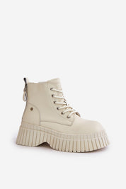 Tavareen Griptrail Insulated Trapper Boots in natural leather with thick platform sole, side zipper, and lacing for secure fit.