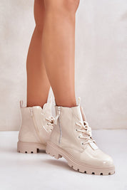 Beige insulated lace-up boots with side zipper, eco-friendly artificial leather, cozy lining, and rugged sole for winter wear.