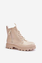 Zerenya Textline insulated eco leather lace-up boots with warm lining and side zipper in beige, featuring stylish inscriptions.