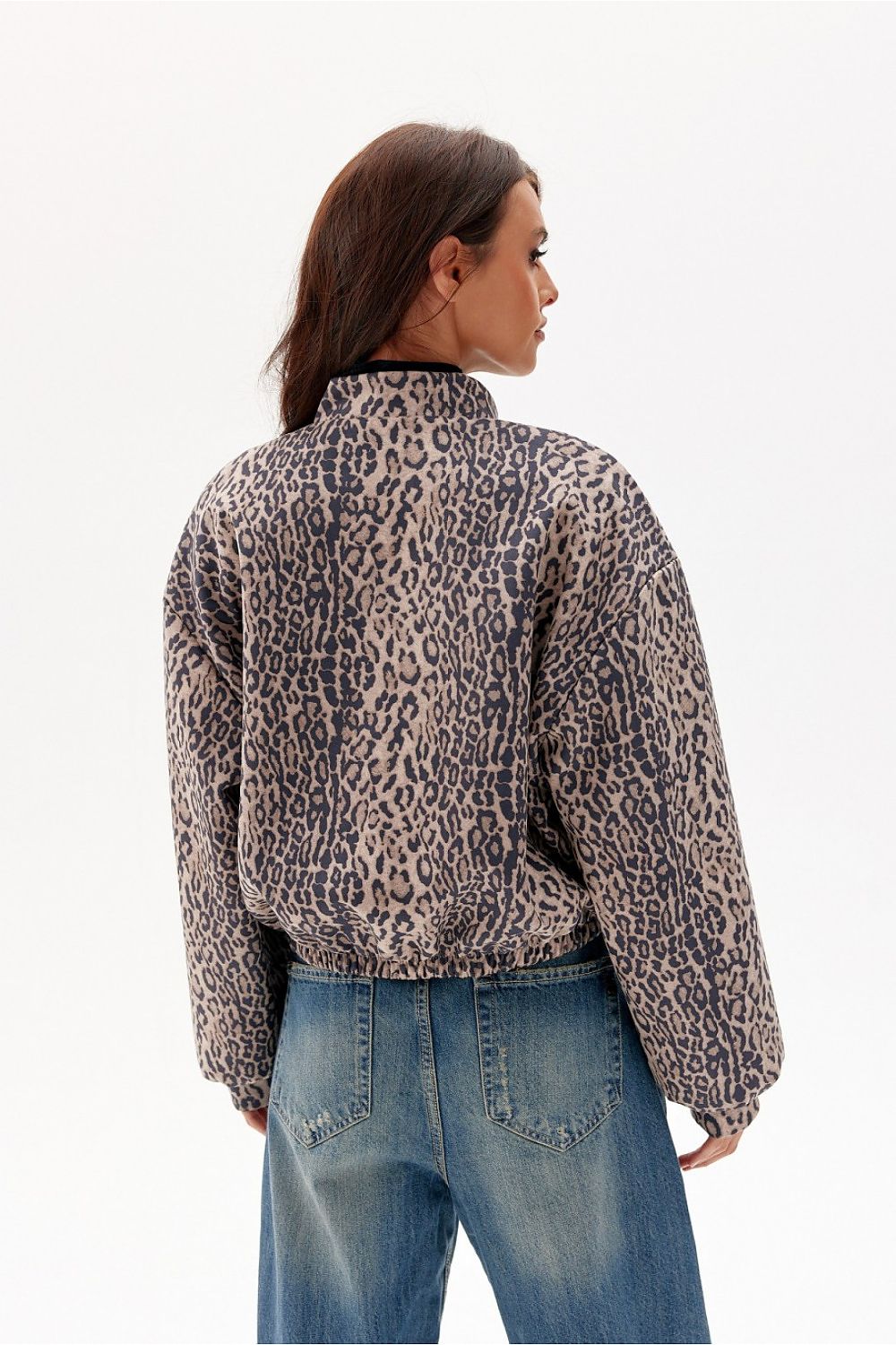 Back view of Vionera Cropped Suede-Effect Jacket with animal pattern, relaxed cut, and structured collar.