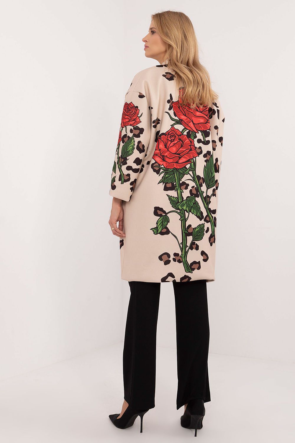 Florénne Rhinestone Rose Coat featuring a rose print with rhinestone accents, perfect for layering in autumn, winter, and spring.