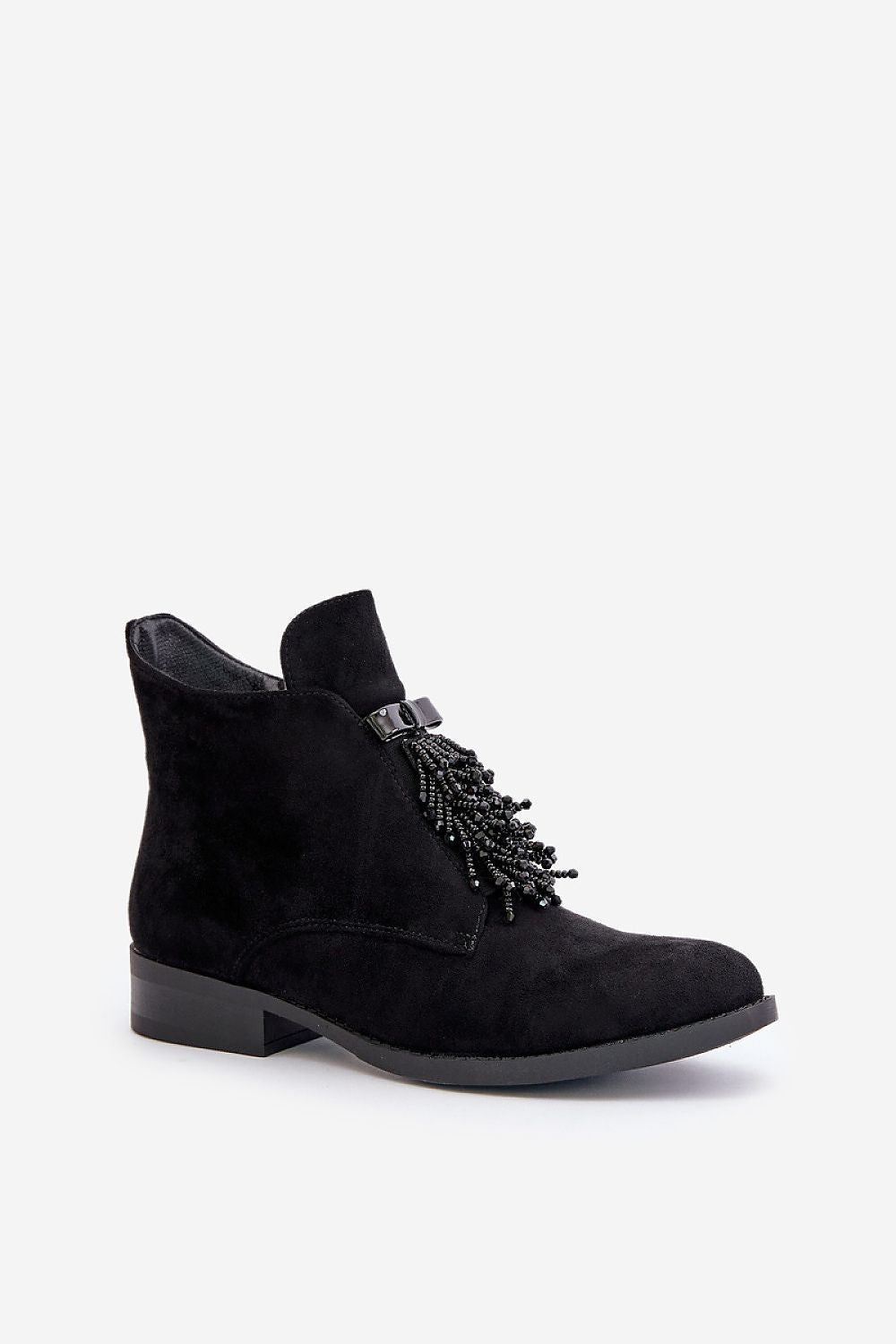 Evarine Frontglow Suede Ankle Boots with eco-suede, rounded toe, flat heel, and front embellishment, perfect for colder days.