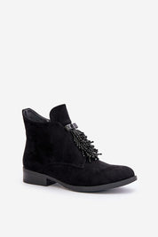 Evarine Frontglow Suede Ankle Boots with eco-suede, rounded toe, flat heel, and front embellishment, perfect for colder days.