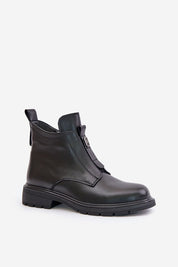 Orlavia Flat Leather Winter Boots with side zipper and 4 cm heel, elegant design with soft insulation, in black leather, angled view.