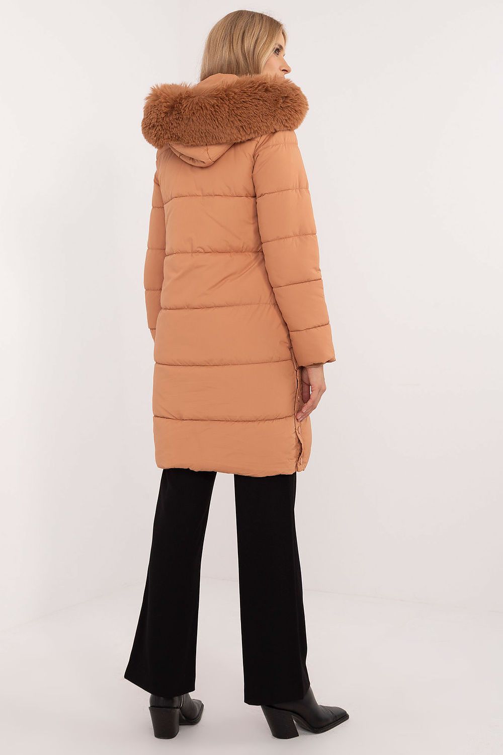 Back view of Arden Quilted Longline Winter Jacket with detachable fur trim hood, perfect for autumn and winter warmth.