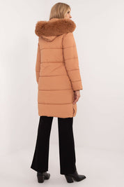 Back view of Arden Quilted Longline Winter Jacket with detachable fur trim hood, perfect for autumn and winter warmth.