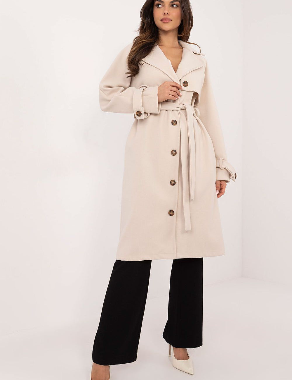 Meriselle Belted Weather-Resistant Trench Coat on model, knee-length, durable polyester, button closure, side pockets, waist belt.