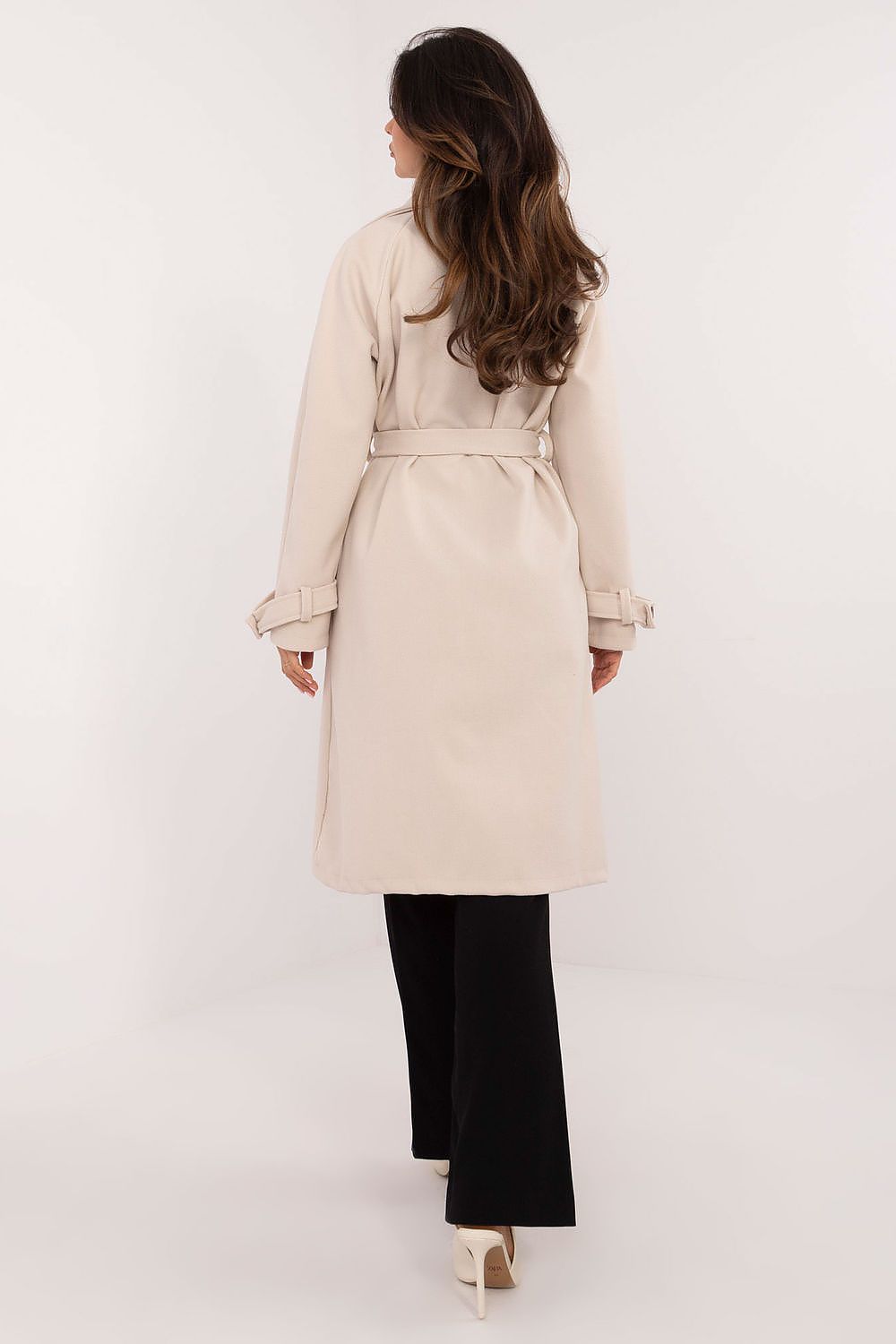 Back view of Meriselle Belted Weather-Resistant Trench showcasing timeless design and sleek silhouette, made from durable polyester.