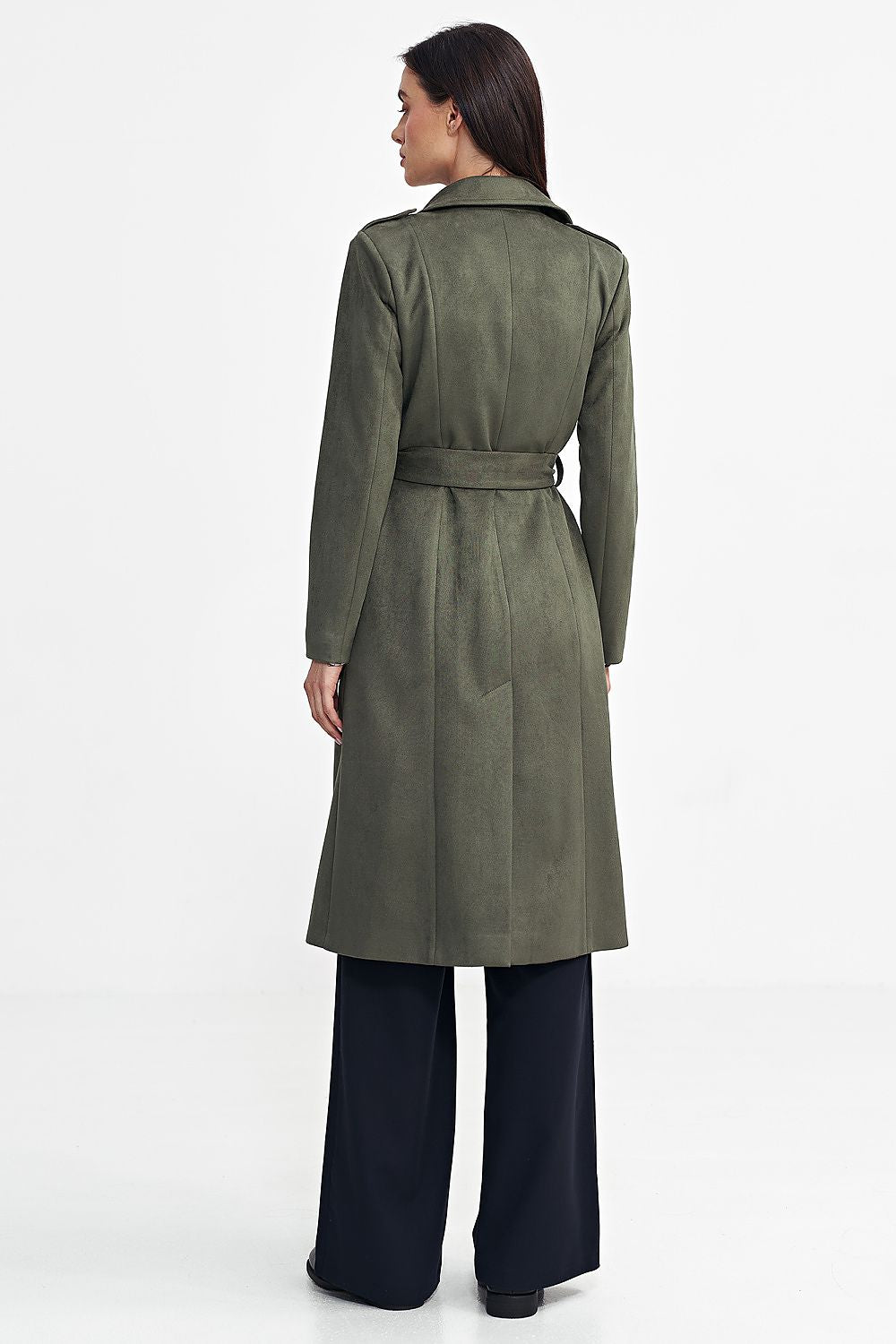 Back view of a woman wearing an Aurivanne Nubuck Trench Coat, highlighting the elegant long cut and button-closure design.