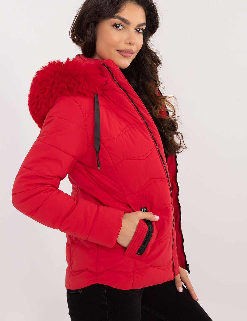 Red Veyra Short Quilted Jacket with detachable hood and full zipper, modeled for a stylish and warm winter look.