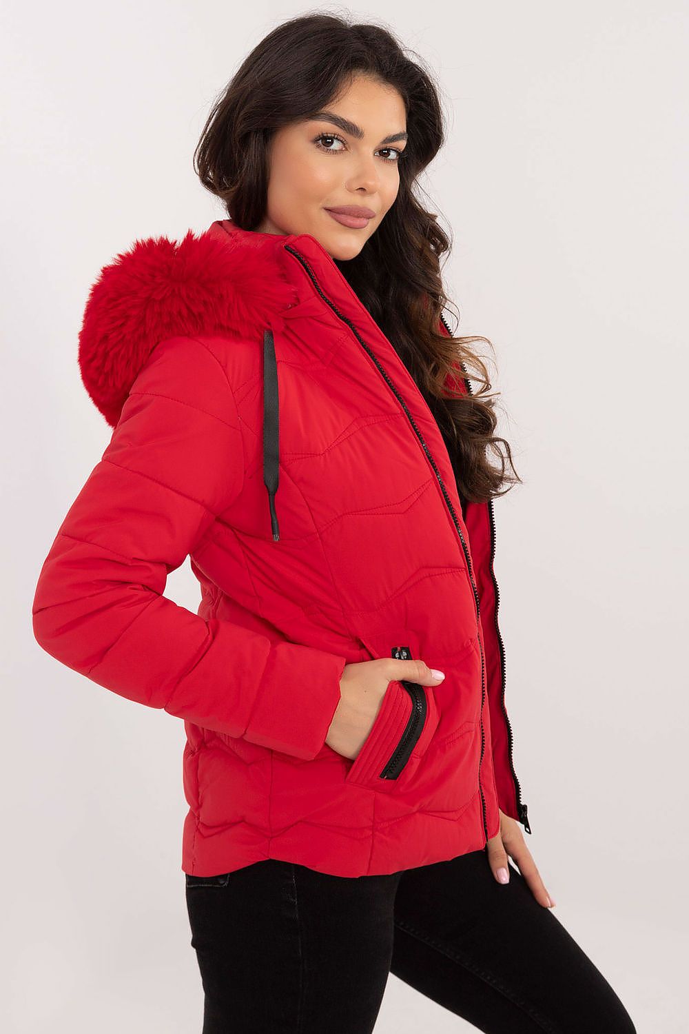 Red Veyra Short Quilted Jacket with detachable hood and full zipper, modeled for a stylish and warm winter look.