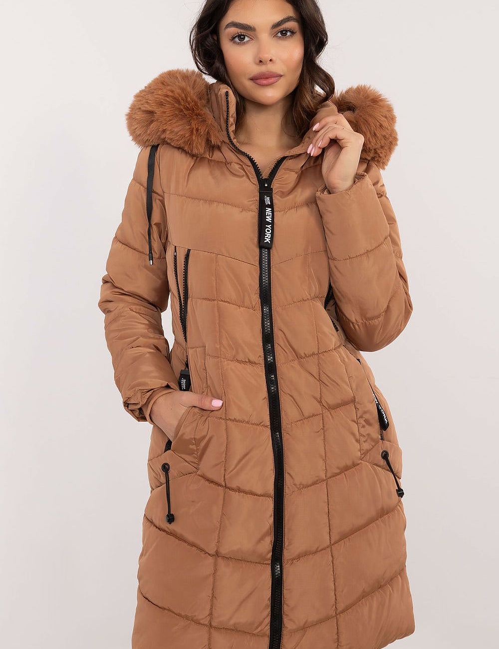 Aurlis Quilted Winter Jacket with faux fur trim, knee-length design in brown, perfect for cold-weather style and warmth.