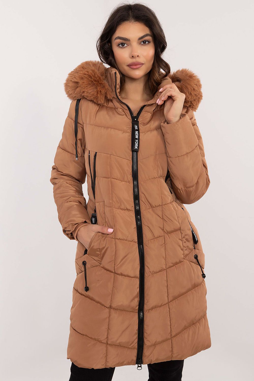 Aurlis Quilted Winter Jacket with faux fur trim, knee-length design in brown, perfect for cold-weather style and warmth.