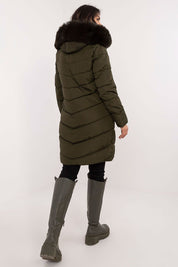 Back view of Aurlis Quilted Winter Jacket with faux fur trim, in olive green, showing knee-length style and warm insulated design.