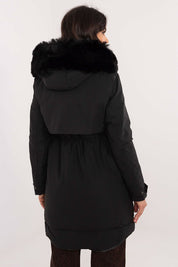 Back view of Frostveil Quilted Winter Jacket with detachable faux fur trim and hood, showcasing modern black design for cold weather.