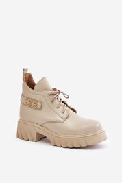 Elbira Felt-Lined Leather Boots in tan with side zipper and front lacing, featuring a chunky heel and platform for stylish comfort.
