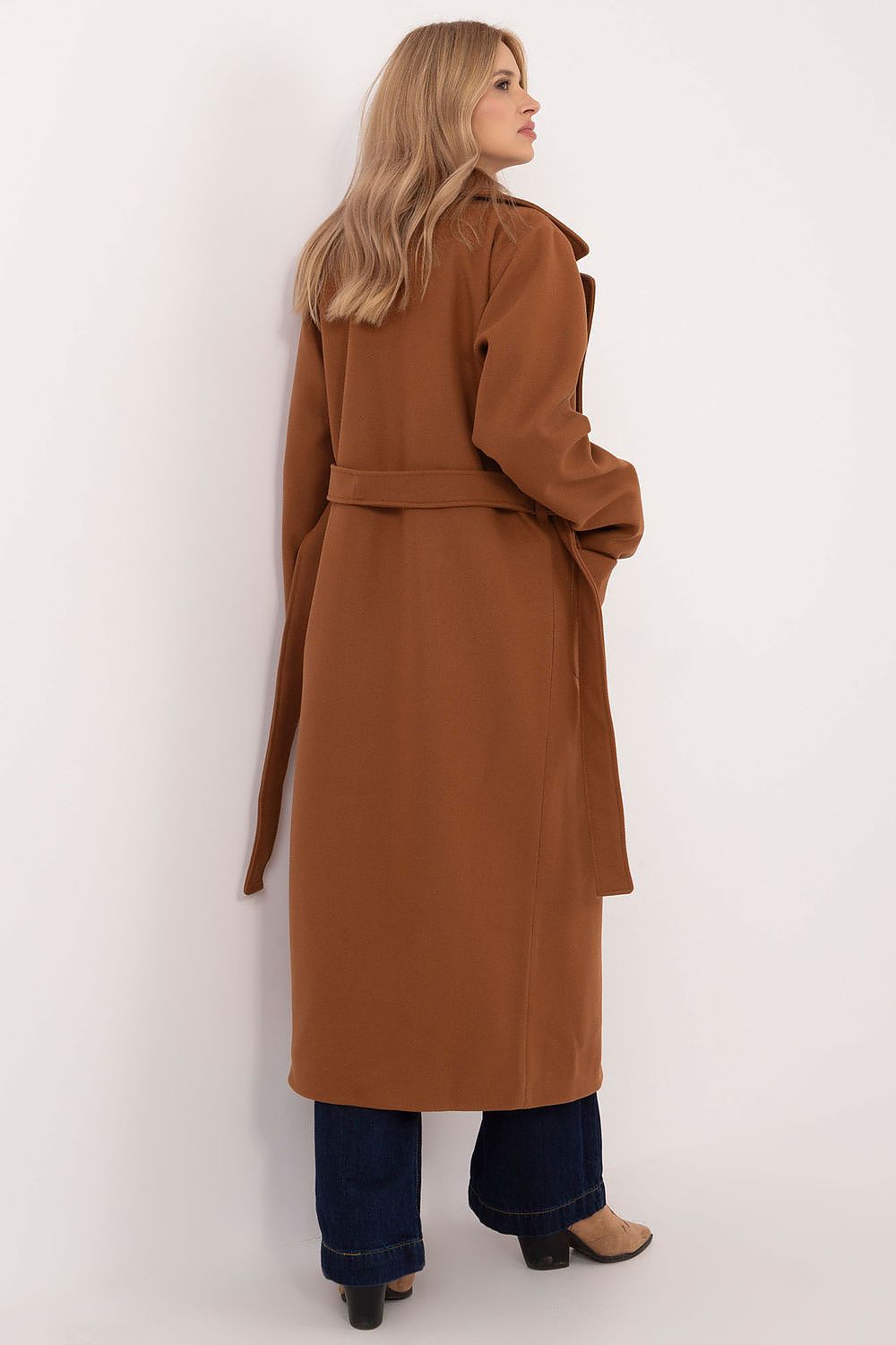 Back view of woman in Olivanne Long Wool Blend Coat, showcasing wide lapels and waist tie belt for elegance and warmth.