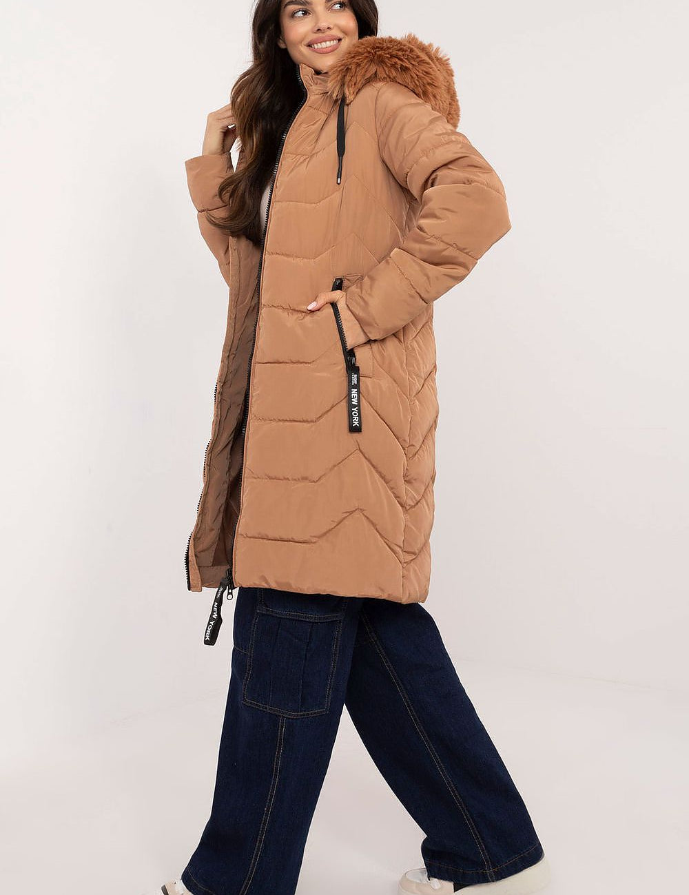 Elvarra Quilted Winter Down Coat in brown with detachable fur-trimmed hood, ideal for stylish warmth in autumn and winter.