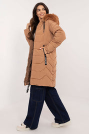 Elvarra Quilted Winter Down Coat in brown with detachable fur-trimmed hood, ideal for stylish warmth in autumn and winter.