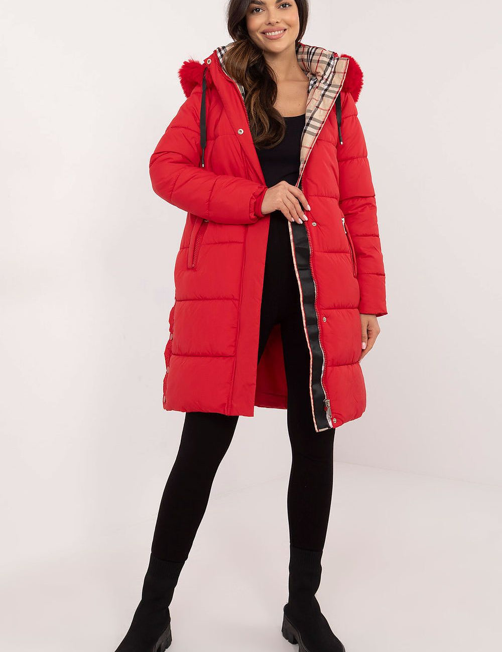 Red Arden Quilted Longline Winter Jacket with detachable hood and fur trim, perfect for warmth and style in winter.