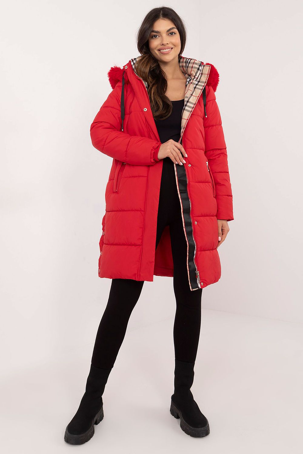 Red Arden Quilted Longline Winter Jacket with detachable hood and fur trim, perfect for warmth and style in winter.