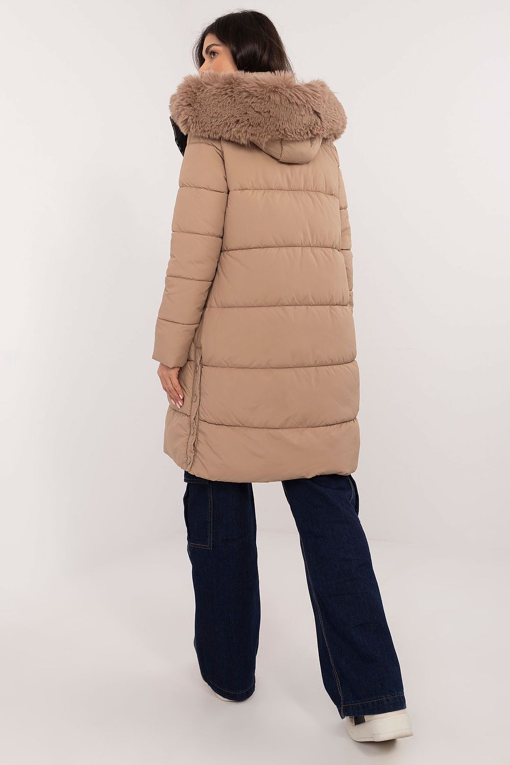Arden Quilted Longline Winter Jacket with detachable hood and fur trim, shown from the back, perfect for autumn and winter warmth.