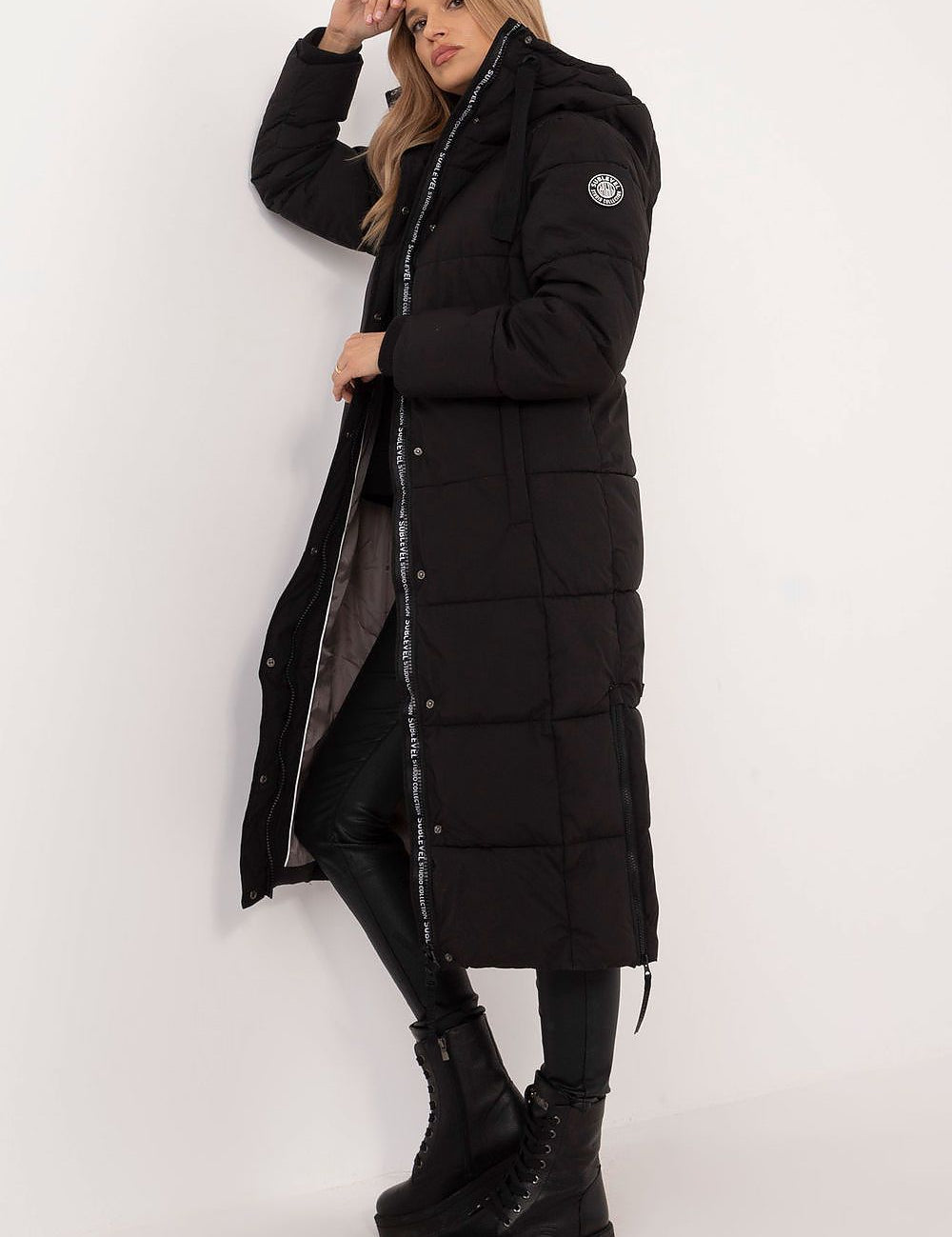 Women's Aurivelle Long Hooded Winter Coat in black, featuring a stylish and warm design with a functional hood and durable polyester material.