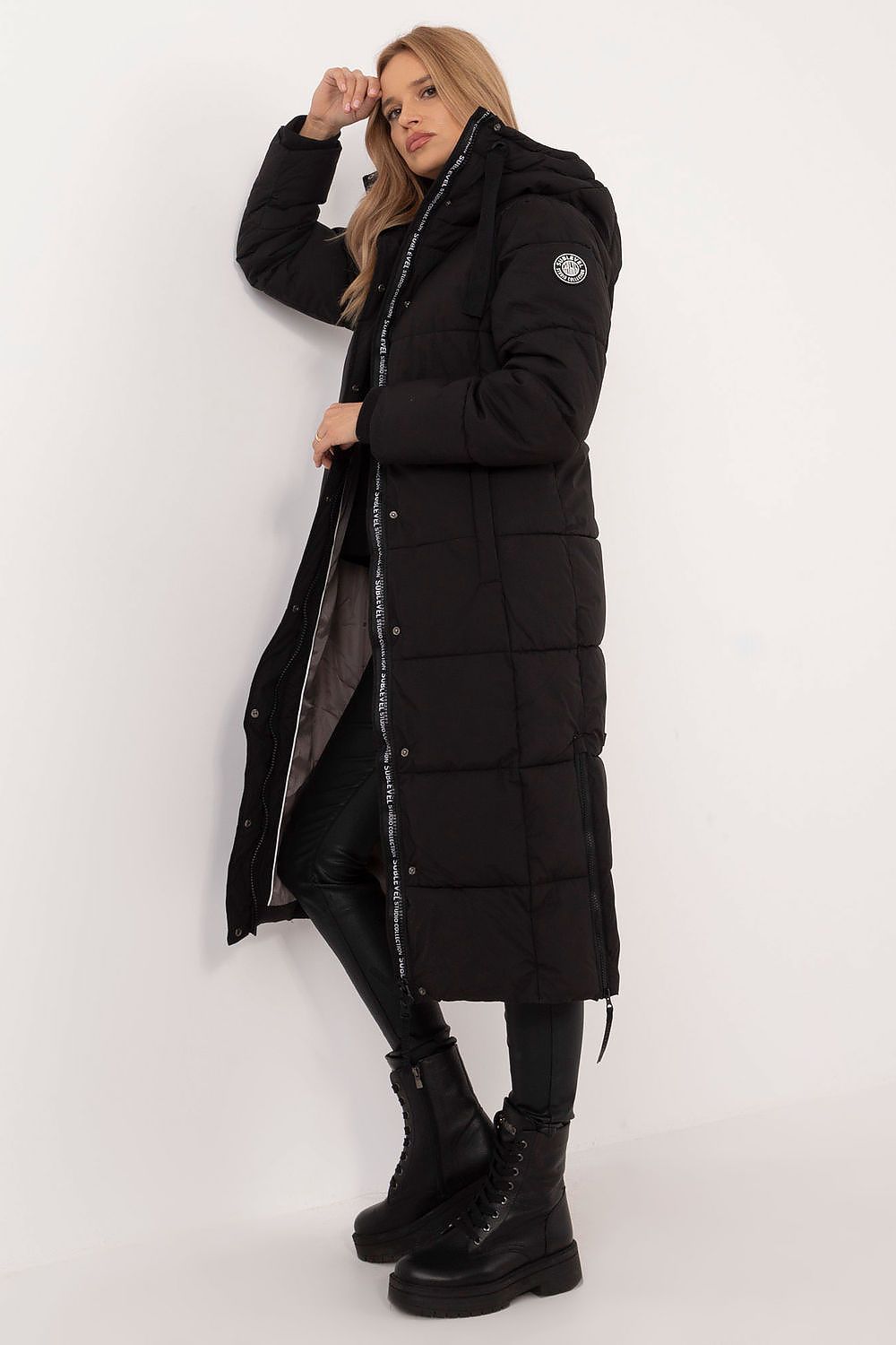 Women's Aurivelle Long Hooded Winter Coat in black, featuring a stylish and warm design with a functional hood and durable polyester material.