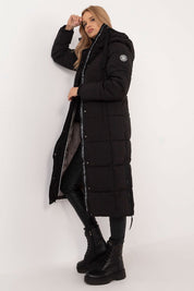 Women's Aurivelle Long Hooded Winter Coat in black, featuring a stylish and warm design with a functional hood and durable polyester material.