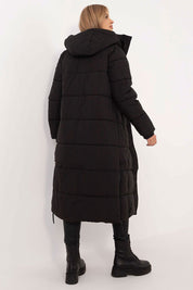 Aurivelle Long Hooded Winter Coat in black, women's warm polyester coat with hood, ideal for autumn and winter, rear view.