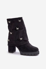 Black suede foldover boots with decorative embellishments and chunky heel, perfect for autumn-winter wear.