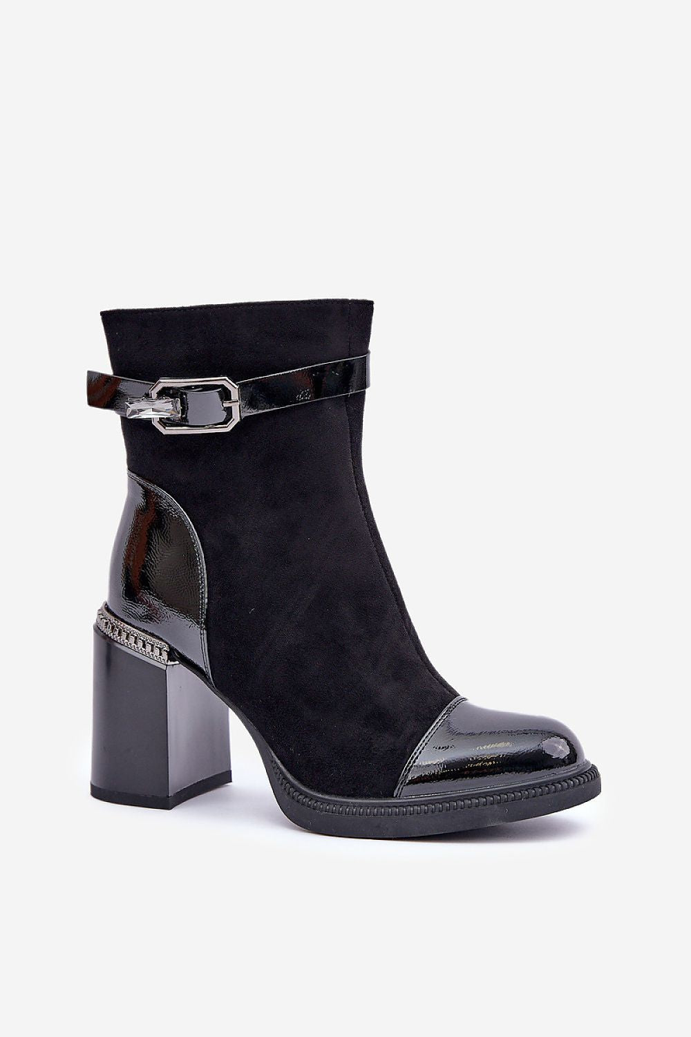 Naverelle Twinstrap Suede Heel Boots with eco leather, almond toes, sculpted heel, and decorative accents. Ideal for cooler seasons.
